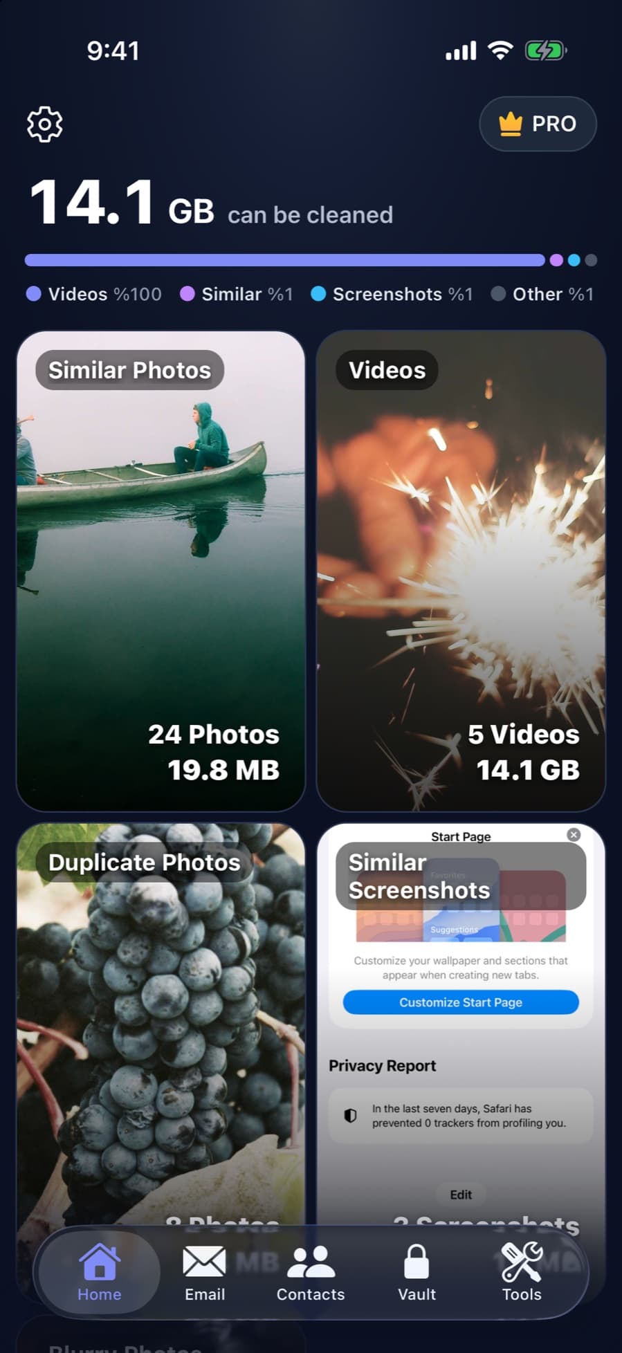 CleanX home screen showing the space that can be cleaned, grouped into similar photos, videos, duplicates and screenshots