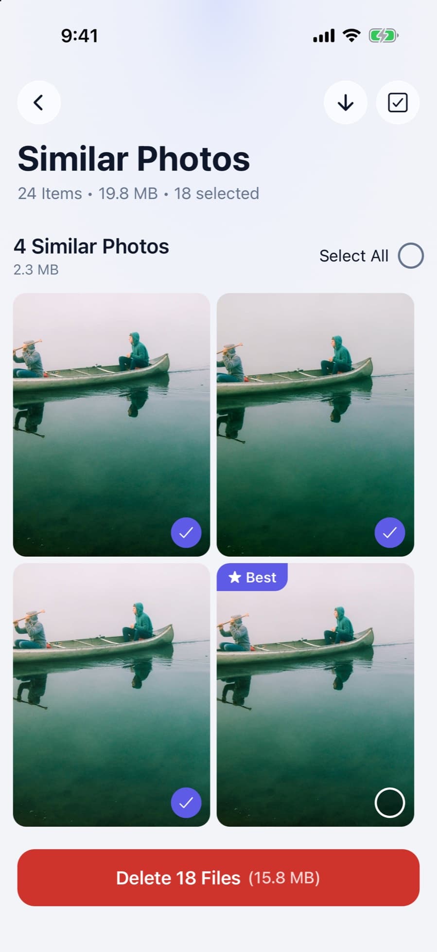 CleanX similar photos screen with the best shot kept and the lookalikes selected for deletion