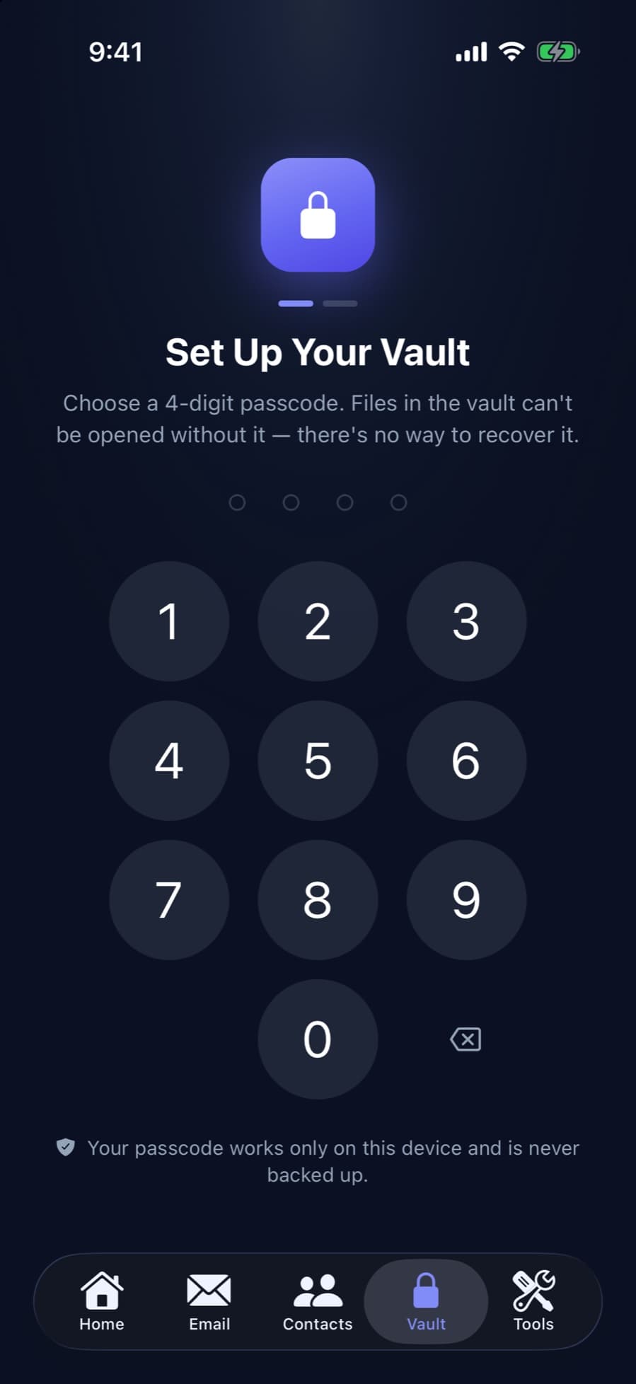 CleanX vault setup screen asking for a four-digit passcode