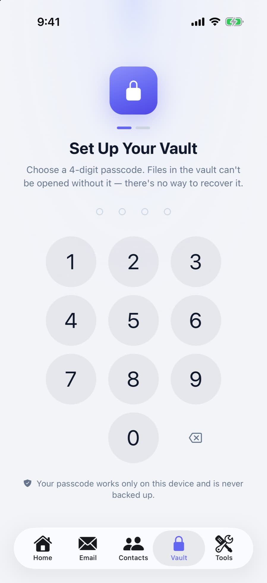 CleanX vault setup screen asking for a four-digit passcode