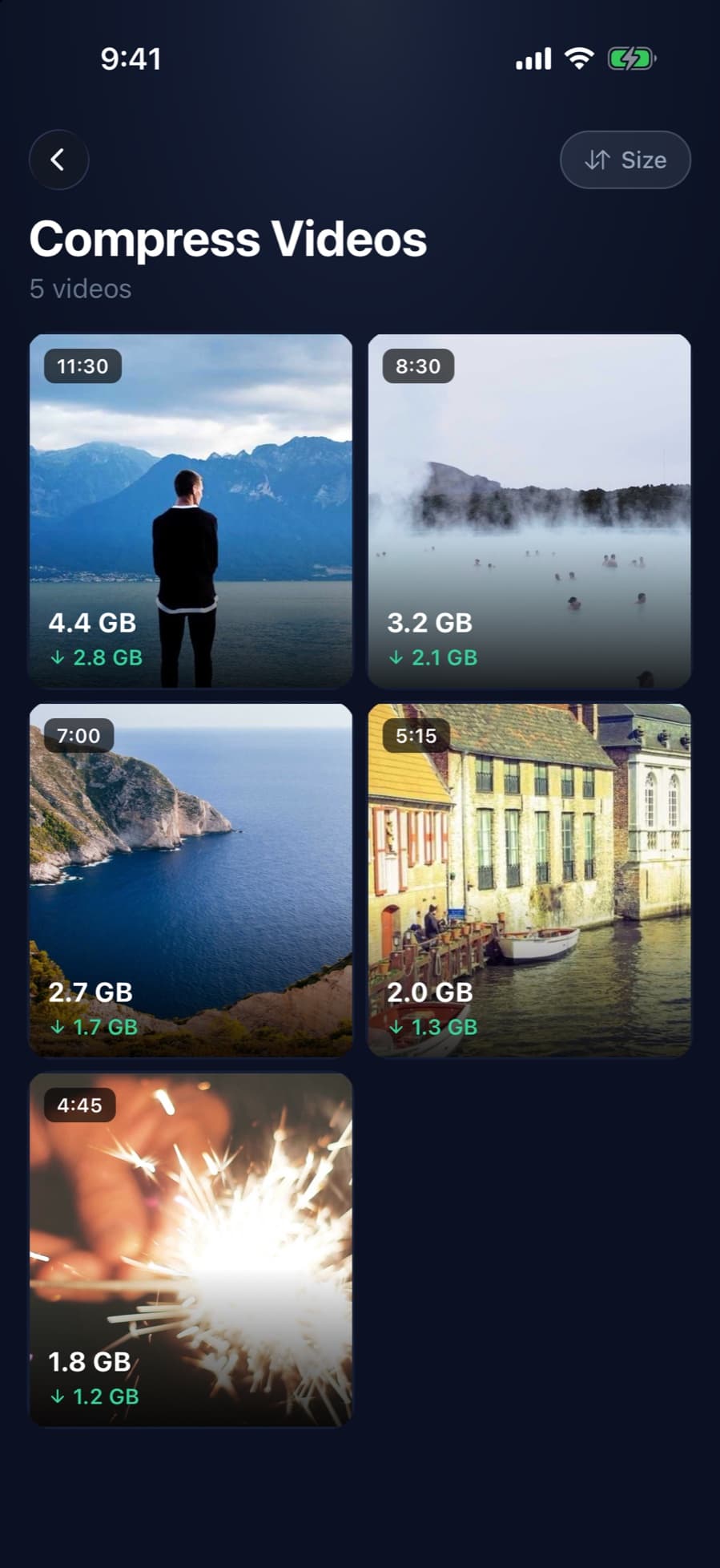 CleanX compress videos screen listing videos by size with the space each one can free