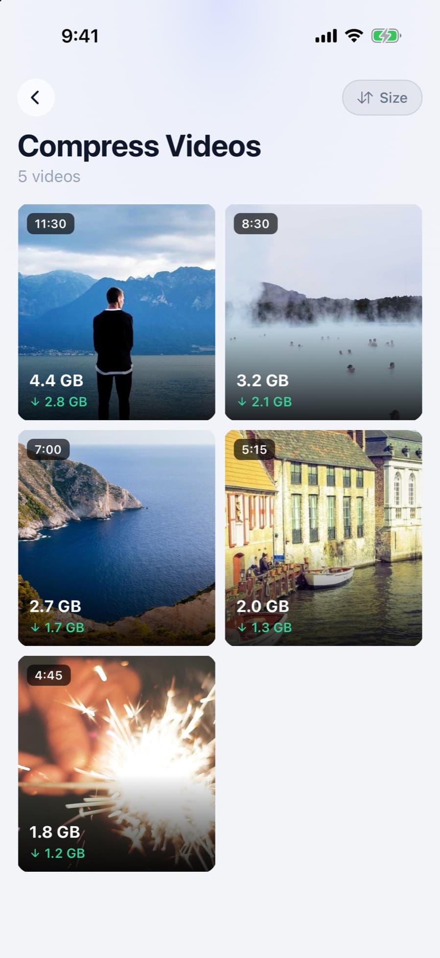 CleanX compress videos screen listing videos by size with the space each one can free