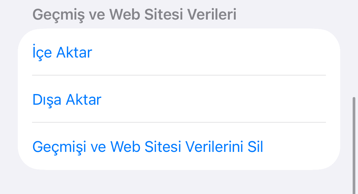 iPhone Safari ayarlarında Geçmiş ve Web Sitesi Verileri bölümündeki Geçmişi ve Web Sitesi Verilerini Sil düğmesi