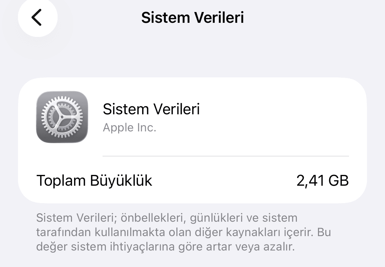 iPhone Saklama Alanı’nda Sistem Verileri ekranı: toplam büyüklük ve iOS’un önbellek, günlük ve kaynak açıklaması