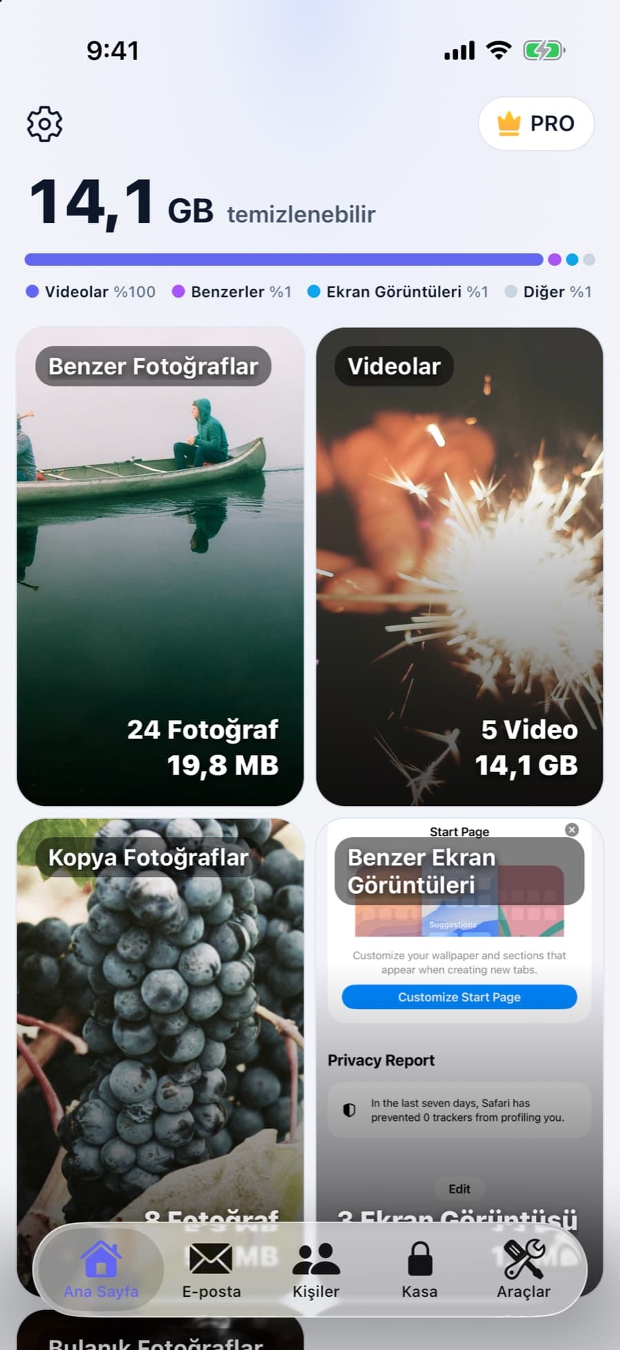 CleanX ana ekranı: benzer fotoğraf, video, kopya ve ekran görüntüsü olarak gruplanmış temizlenebilir alan
