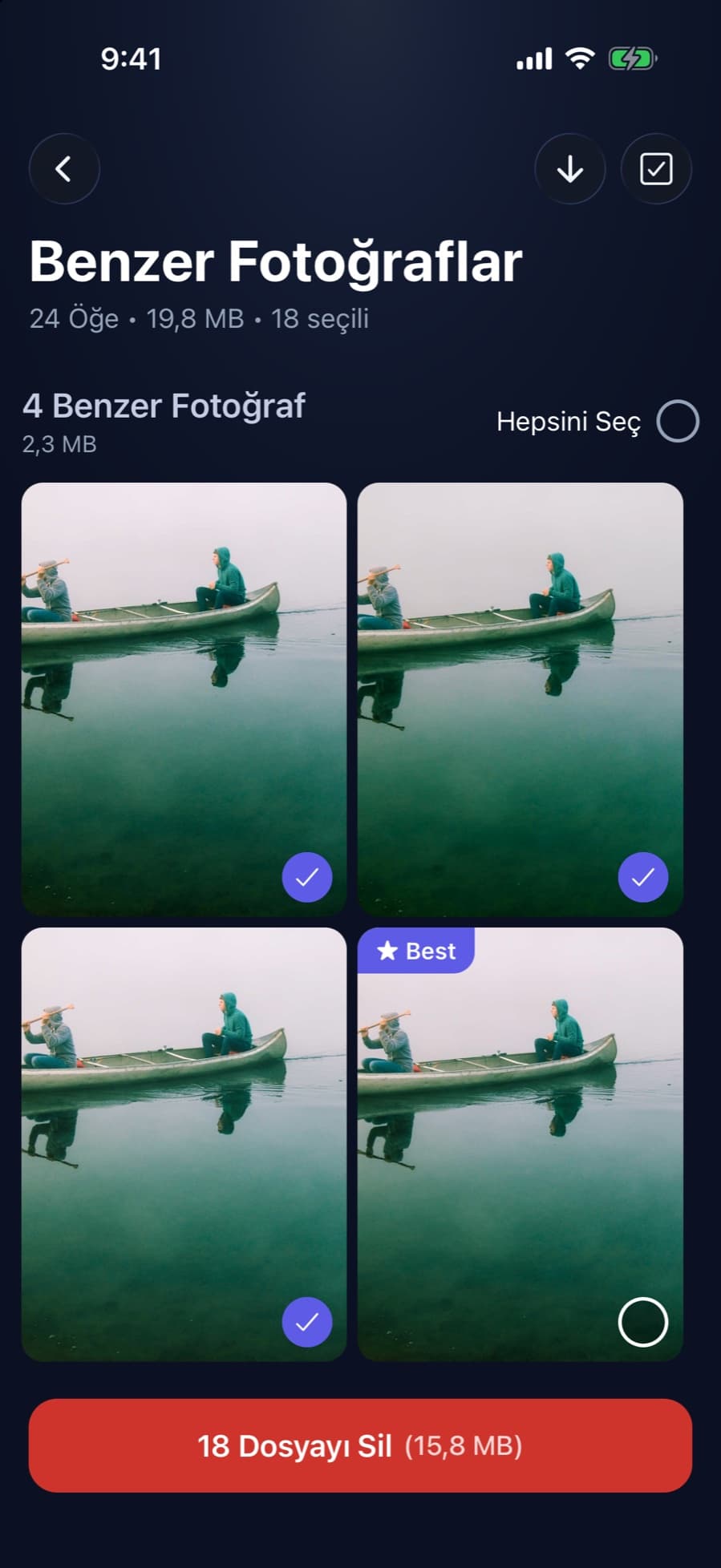 CleanX benzer fotoğraflar ekranı: en iyi kare saklanıyor, benzerleri silinmek üzere seçili