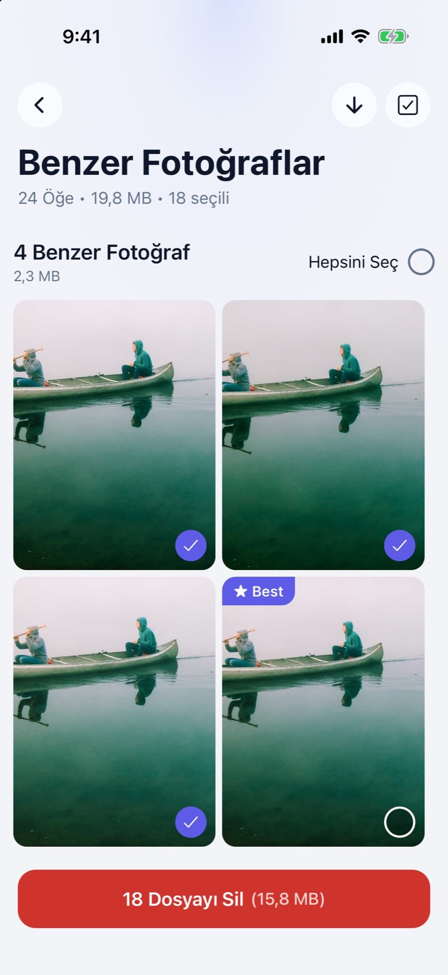 CleanX benzer fotoğraflar ekranı: en iyi kare saklanıyor, benzerleri silinmek üzere seçili
