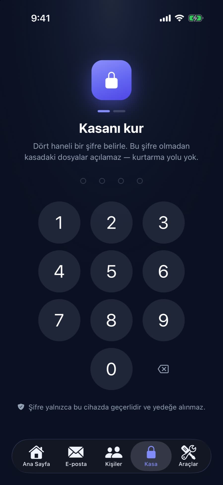 CleanX kasa kurulum ekranı: dört haneli şifre isteniyor