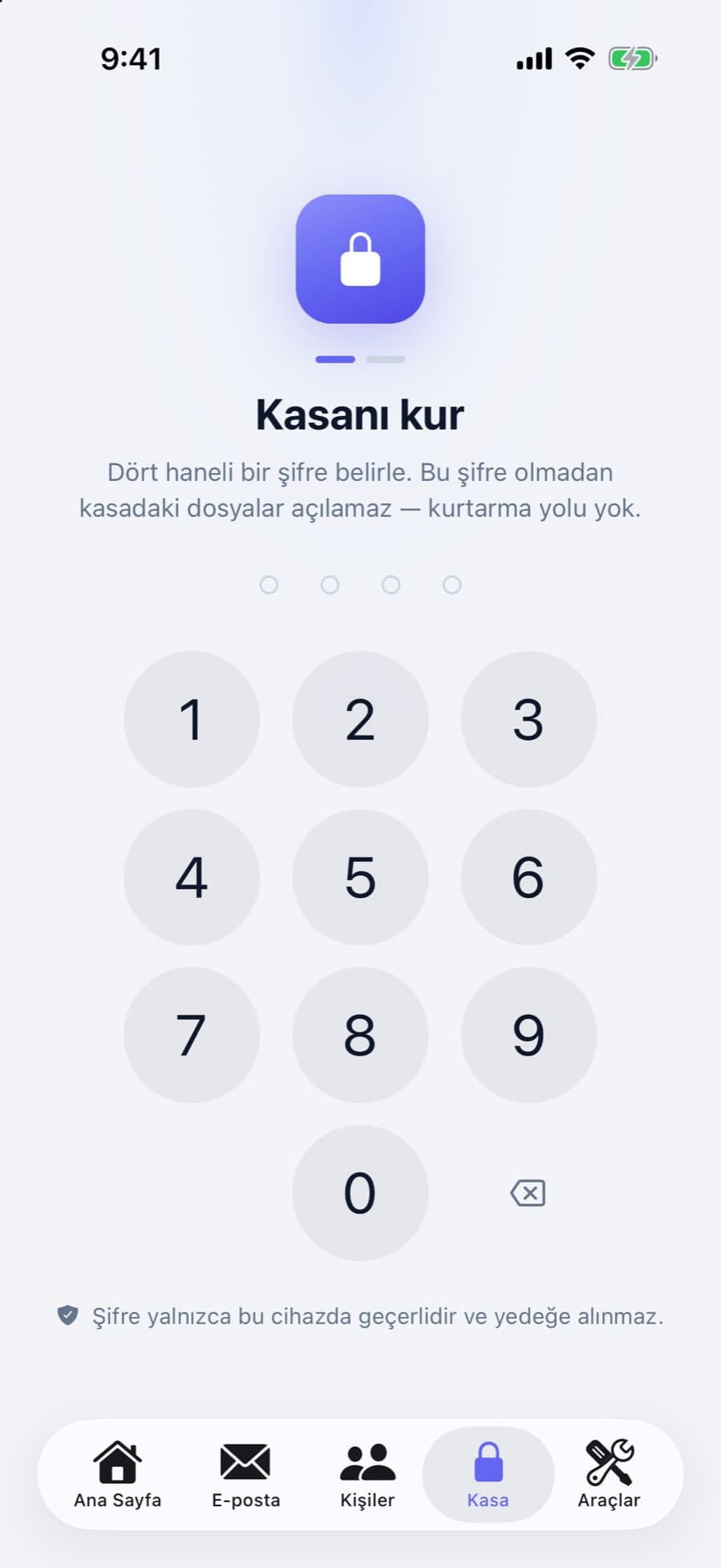 CleanX kasa kurulum ekranı: dört haneli şifre isteniyor