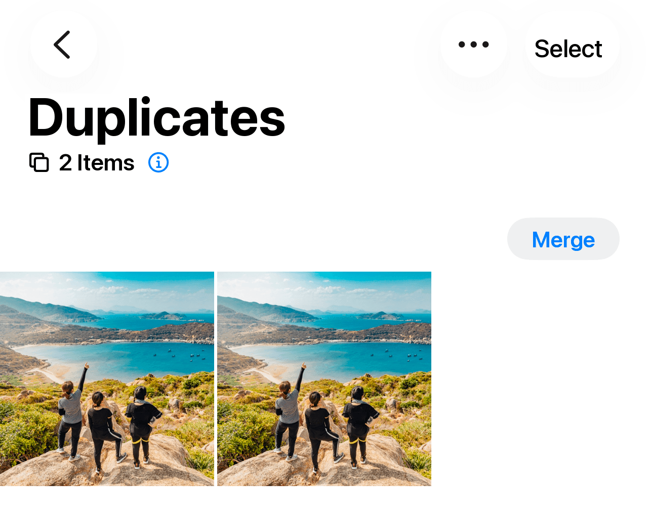 A set of duplicate photos in the Duplicates album with the Merge button next to it
