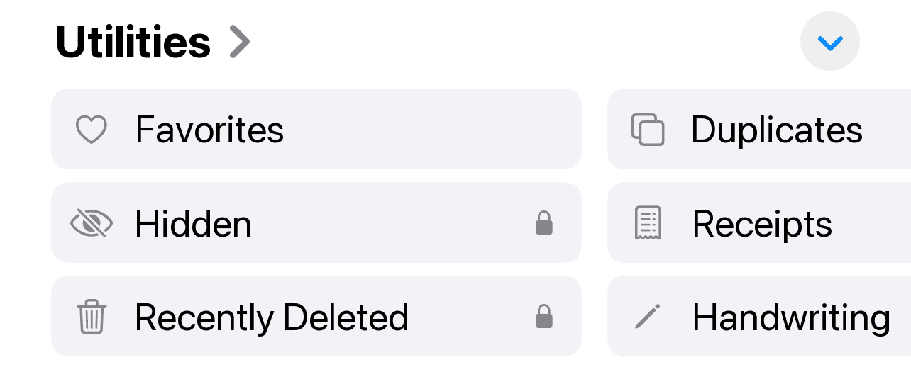 The Utilities section under Collections in the iPhone Photos app, with Duplicates and Recently Deleted