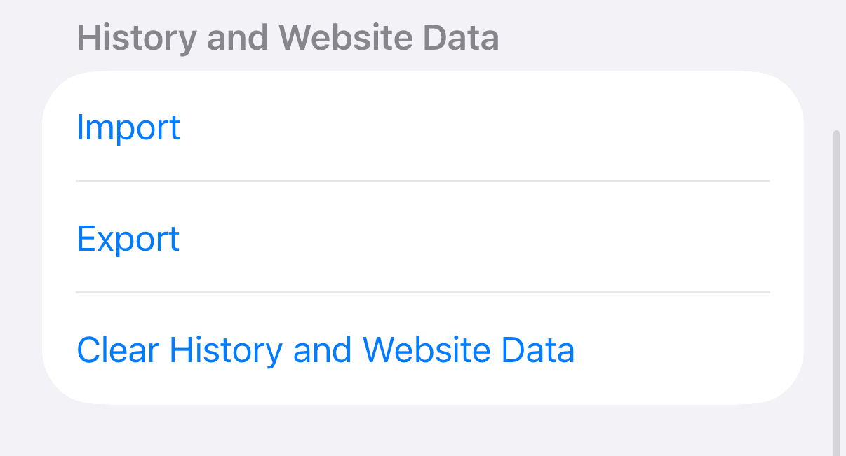 Safari settings on iPhone with the Clear History and Website Data button under History and Website Data